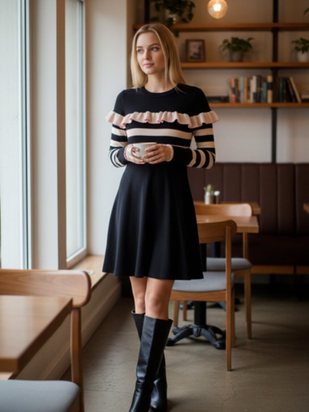 1901 women's Black Knit Sweater Dress w/ Pink Ruffle - Small Petite